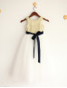 Gold Sequin Ivory Tulle Navy Blue Sash Flower Girl Dress